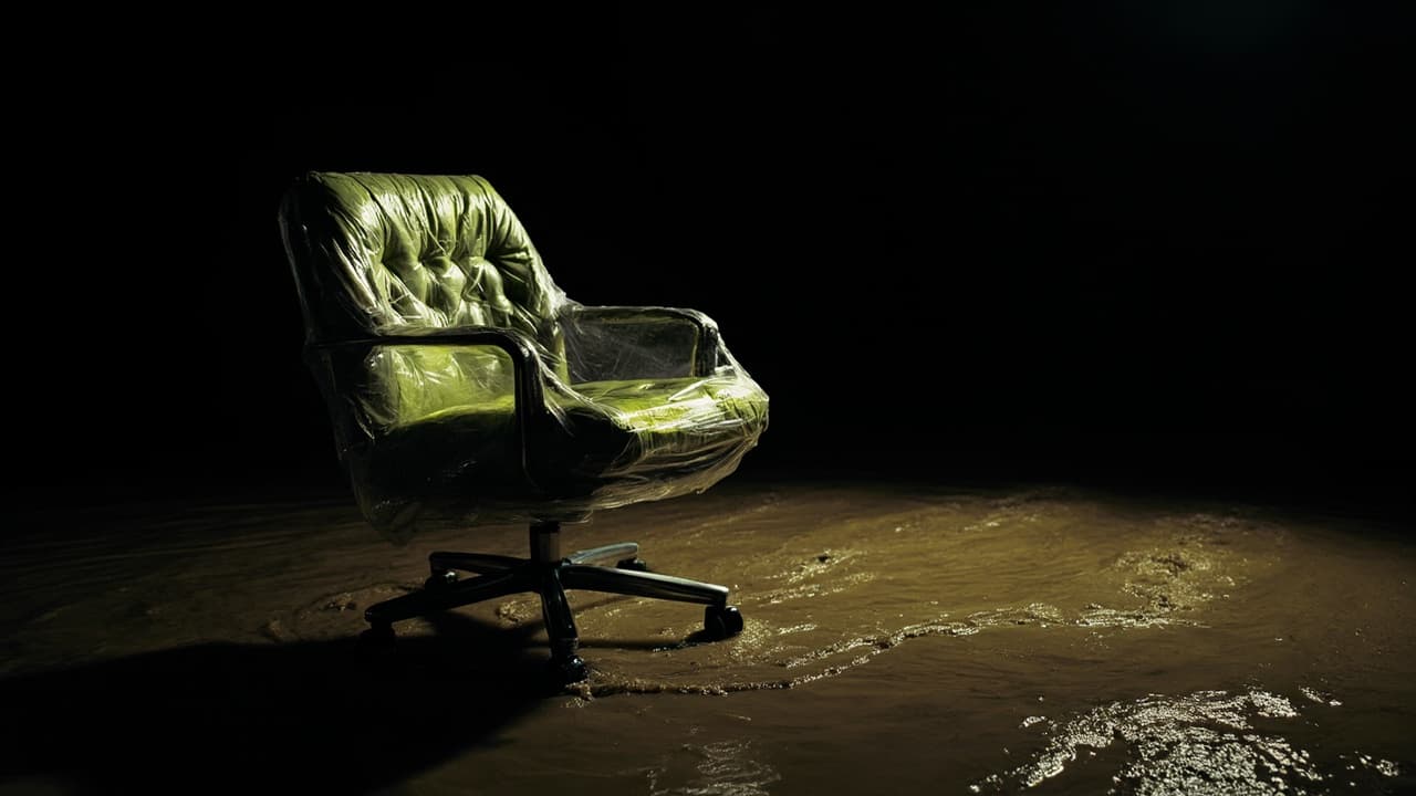 Why 60% of Indian ERP Implementations Fail at Adoption — illustration depicting A shrink-wrapped executive chair standing alone in an empty monsoon-flooded verandah, brown water lapping at its chrome base