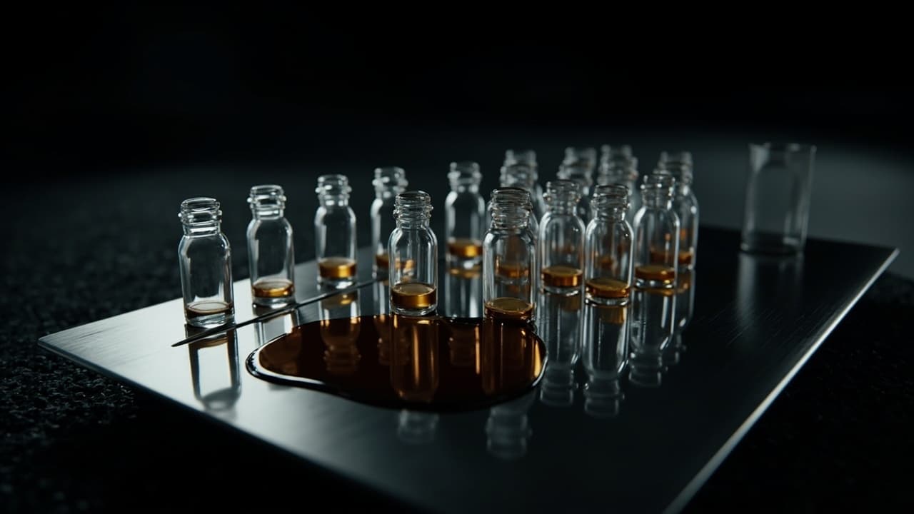Why 11 of 14 Clinical AI Vendors Missed Their SLAs — illustration depicting Fourteen glass ampoules arranged in a steel tray, eleven snapped at the neck, amber liquid bleeding into a single dark pool
