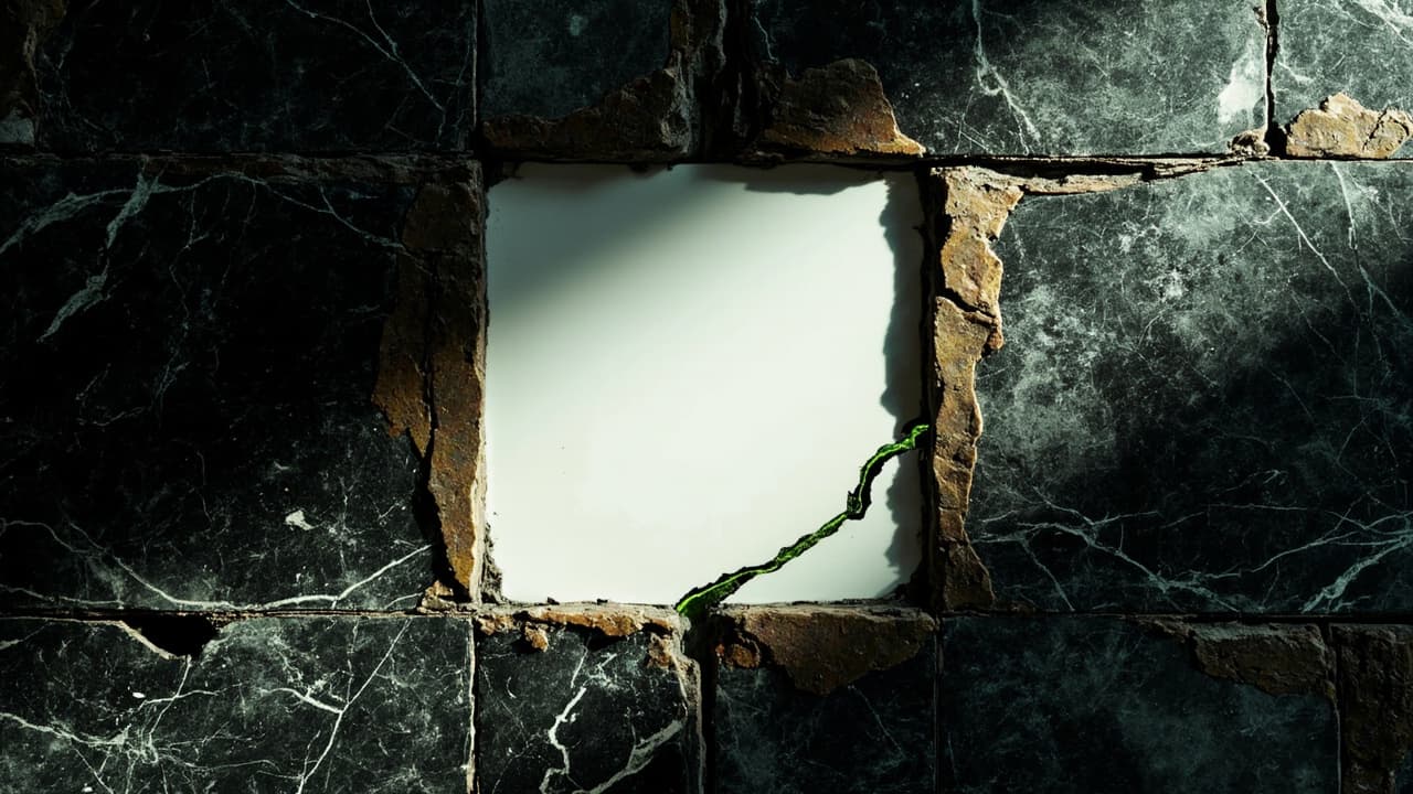 Why Your LLM Evals Approve Models That Fail — illustration depicting A single flawless white porcelain tile embedded in a crumbling, water-stained brick wall, dark moisture seeping through the mortar cracks around it