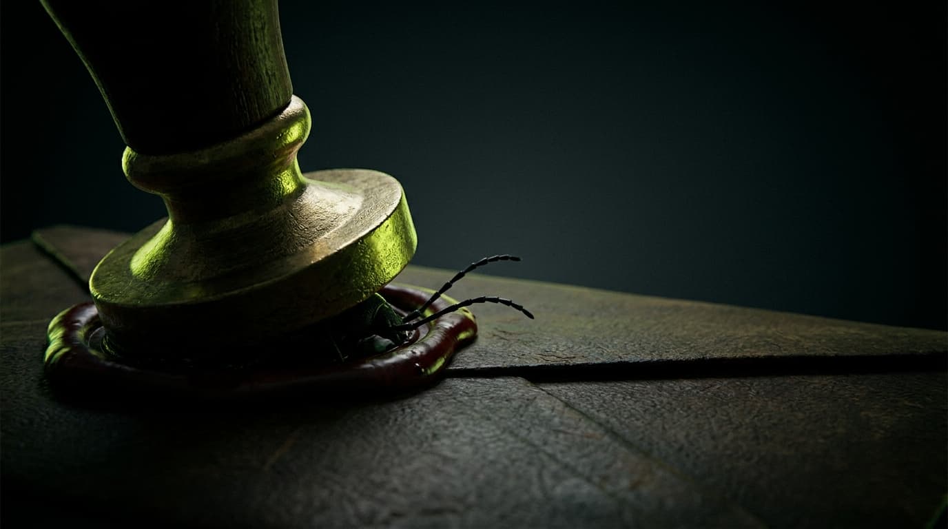 Why Your Secure Pipeline Signs the Malware It Should Block — illustration depicting A heavy brass notary seal pressed into blood-red wax, sealing an envelope from which a black beetle's antennae emerge