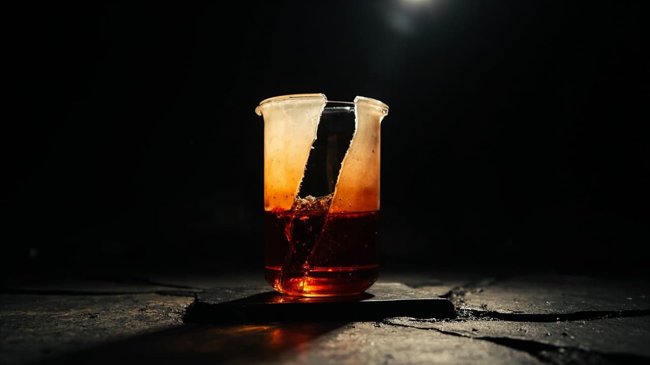 Why Half Your SIEM Detections Fail in the Cloud — illustration depicting A fractured borosilicate beaker with a vertical crack splitting it in two, dark amber liquid bleeding down the glass onto matte black stone
