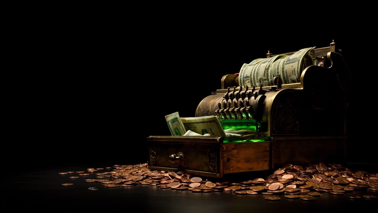 Your AI Cost Doubled. Half the Workloads Are If-Checks. — illustration depicting A heavy brass cash register choked with hundred-dollar bills, its open drawer spilling only copper pennies onto dark wood
