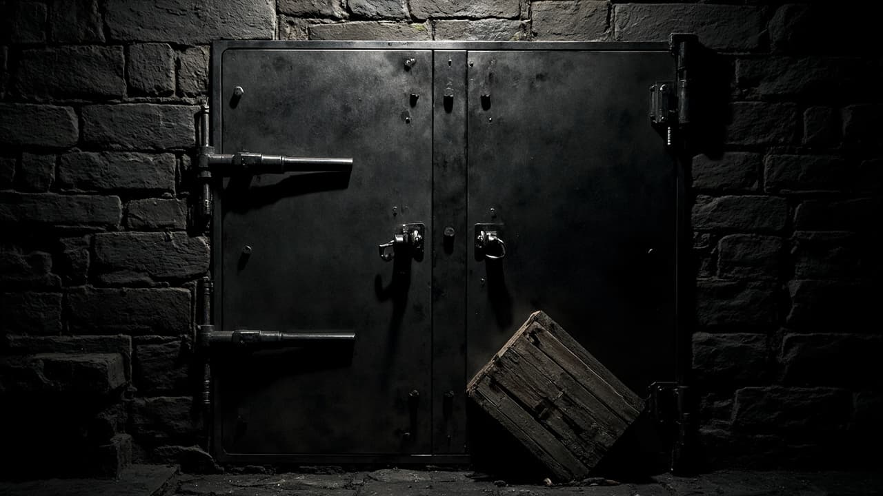 Zero Trust Stops at the Perimeter. Supply Chain Walks Through — illustration depicting A heavy steel vault door locked and bolted shut, a wooden crate pushed through a small hatch carved into the stone wall beside it