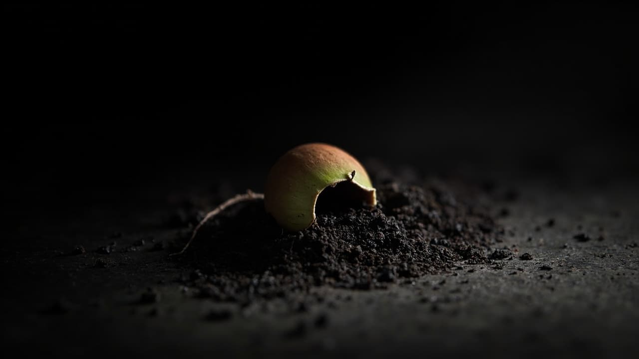 How Zoho CRM's ₹1,500 Seat Becomes ₹6,000 by Year Two — illustration depicting A tiny acorn on a windowsill, its pale taproot already cracking the terracotta pot from within, spilling dark soil outward