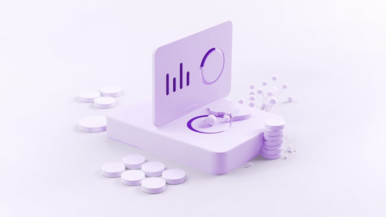 Isometric illustration of CRM pricing with a dashboard, charts and a stack of coins