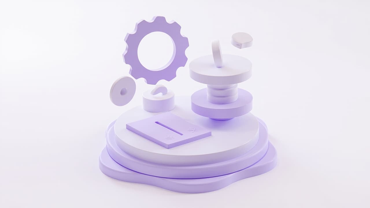 Isometric illustration of custom software pricing with gears, code shapes and a stack of coins