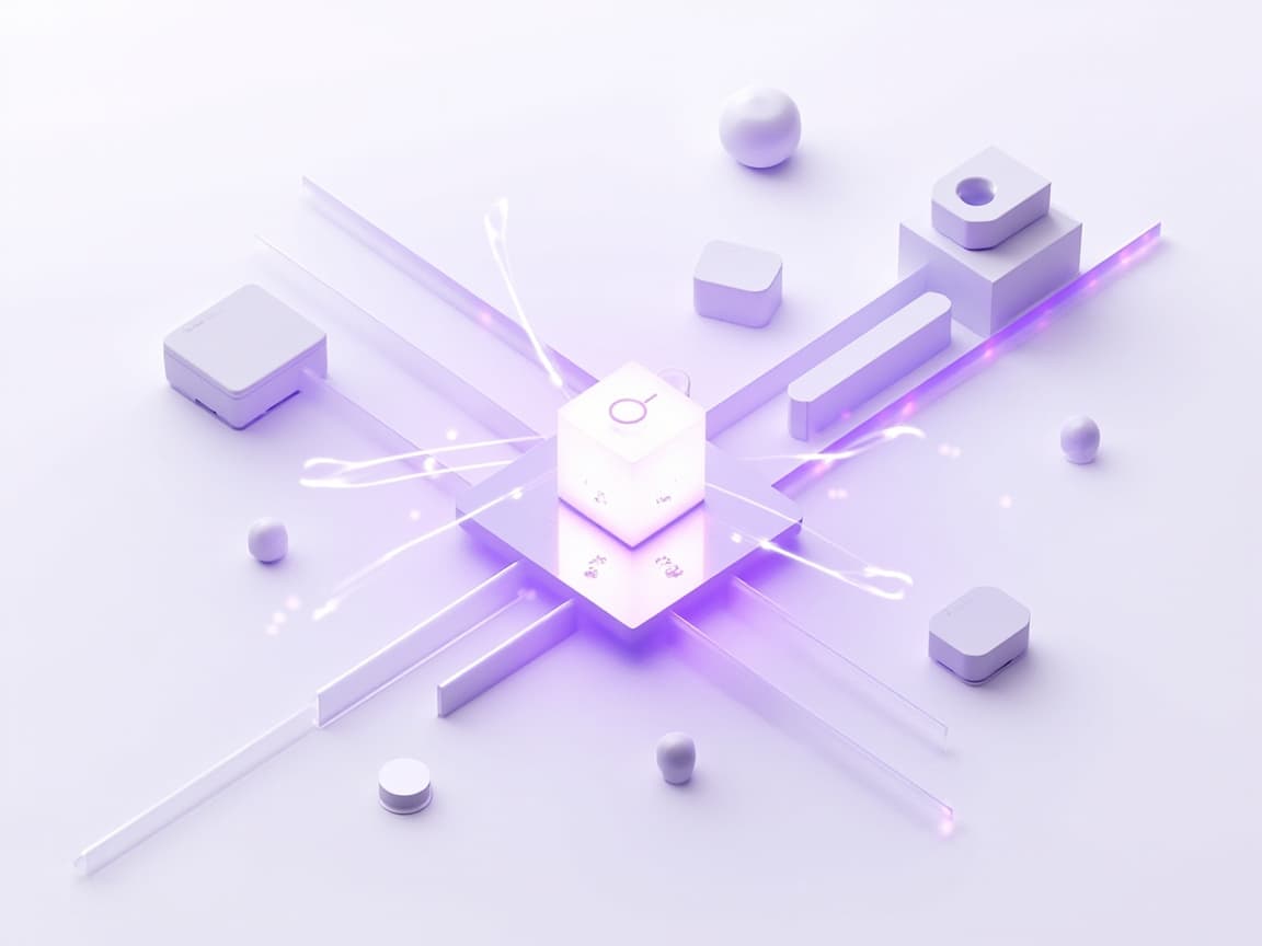 Isometric illustration of an AI recommendation core with a magnifier motif branching to product blocks