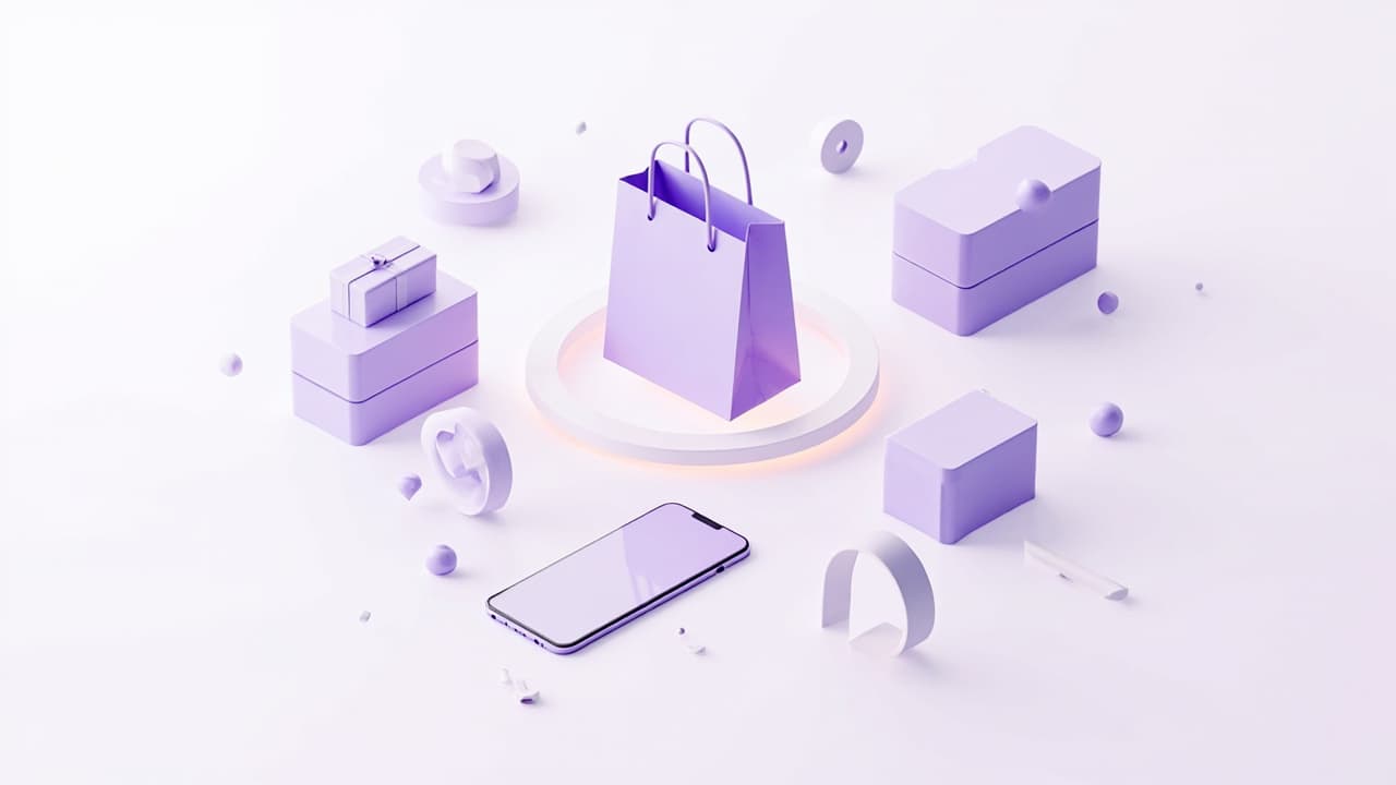 Isometric illustration of a Levitation e-commerce platform with a storefront, product tiles, parcel boxes and connected nodes