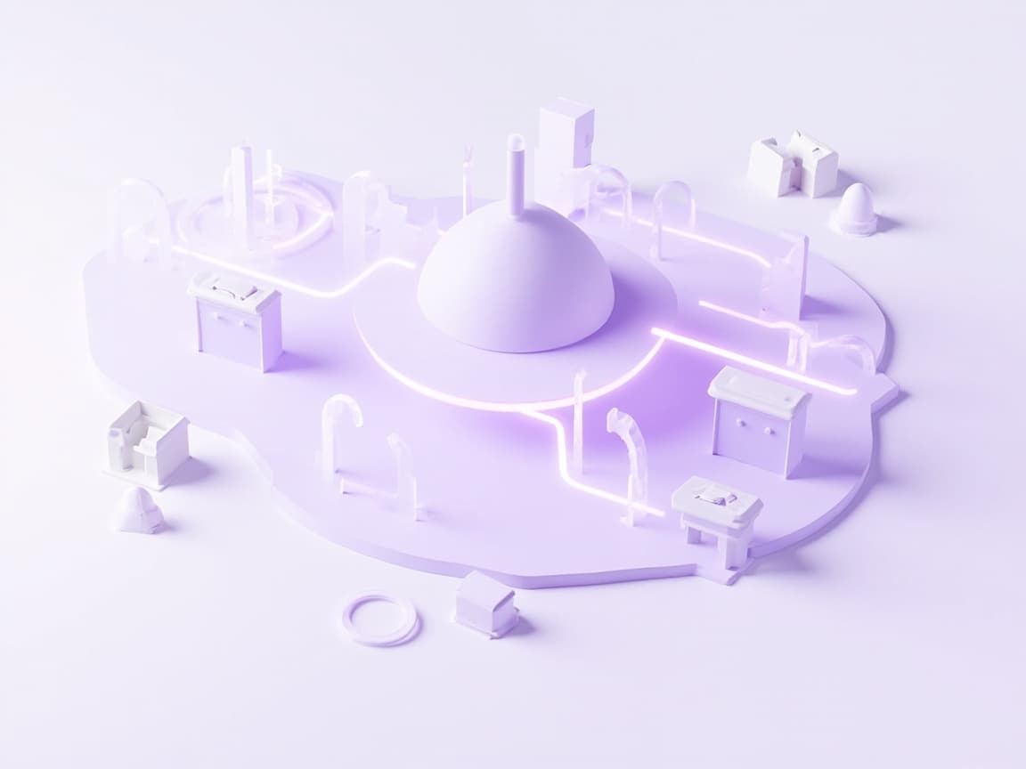 Isometric illustration of a marketplace with multiple storefront blocks connected to a central hub