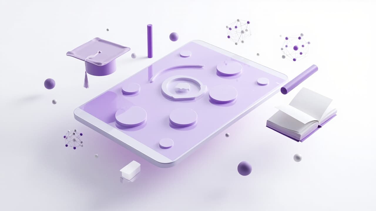 Isometric illustration of a Levitation EdTech learning platform with courses, progress tracking and connected learning paths
