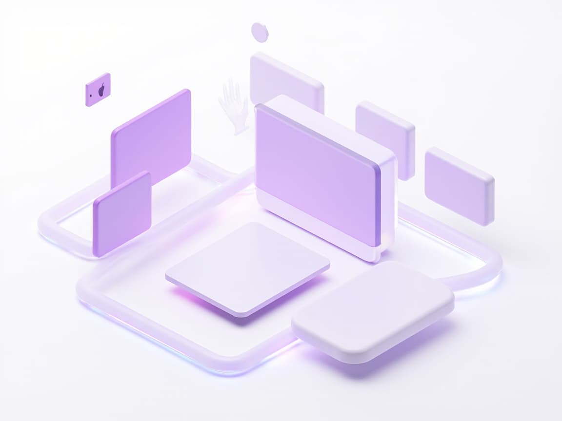 Isometric illustration of a virtual classroom with a main screen surrounded by floating video tiles