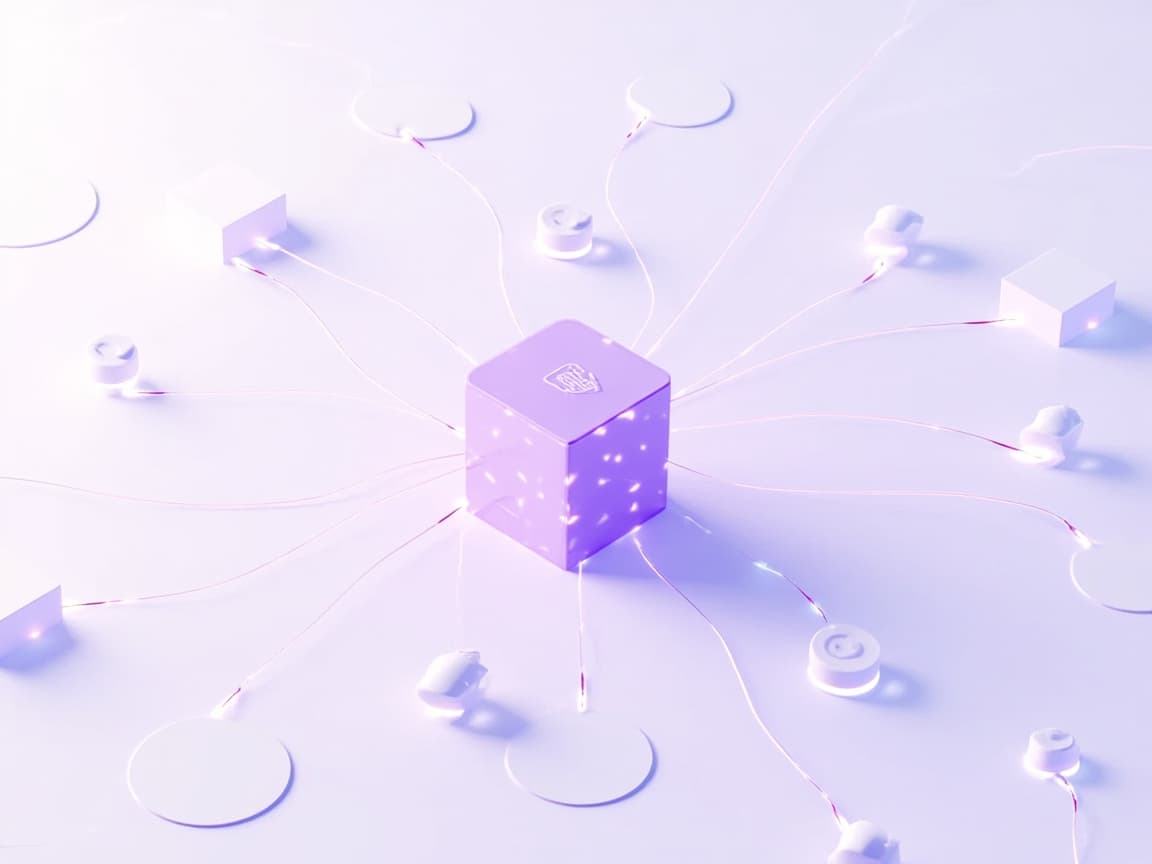 Isometric illustration of an AI risk core with a shield motif branching to data nodes
