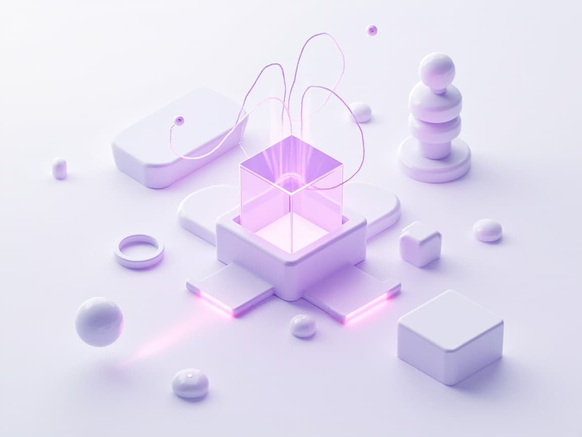 Isometric illustration of an AI core with a subtle medical motif branching to data nodes