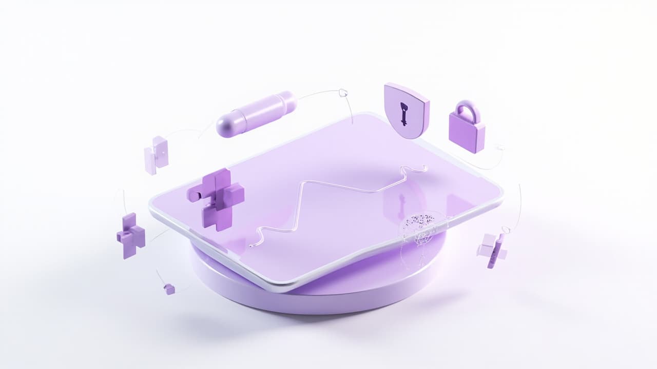 Isometric illustration of a Levitation health-tech platform with a heartbeat line, medical cross, secure shield and connected nodes