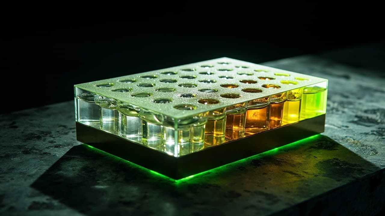 How a 1,000-Run Protocol Exposes the Gap — illustration depicting A frosted-glass tray holds 1,000 wells, each with one run’s liquid output, the droplets spreading from clear to dark amber like a widening reproducibility gap