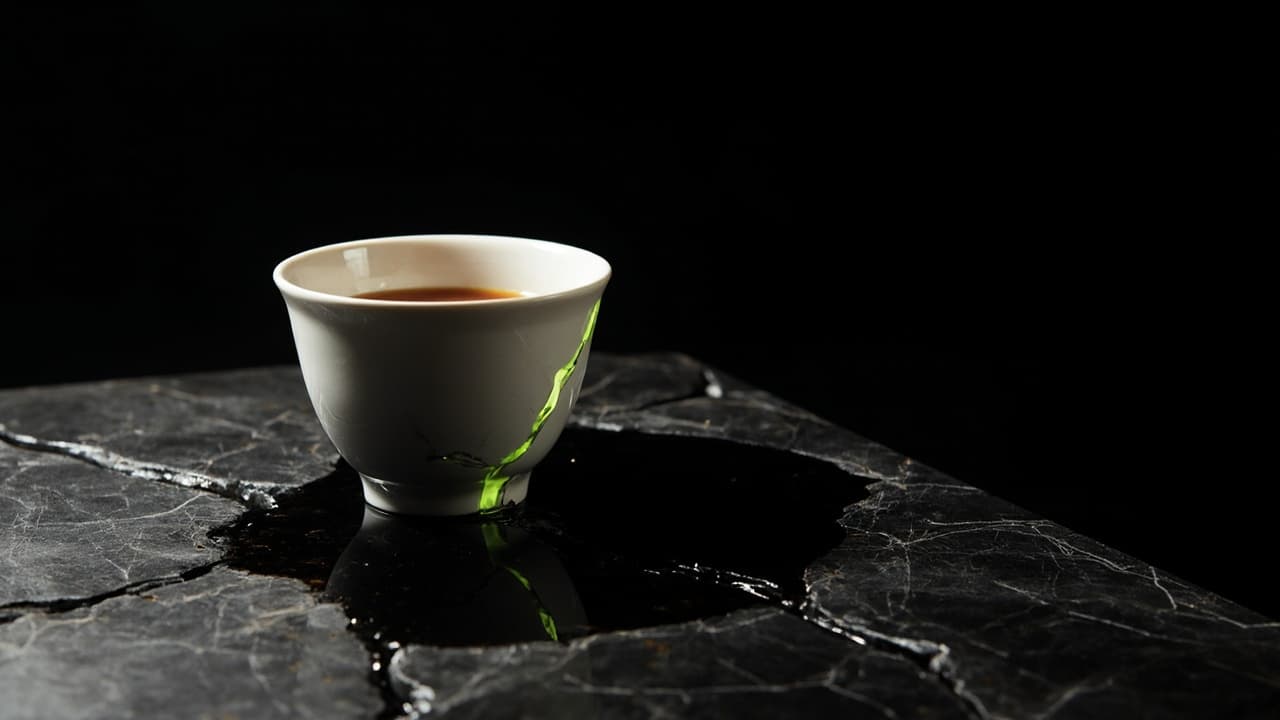 How Your ₹2 Lakh AI Chatbot Becomes ₹8 Lakh — illustration depicting A hairline-cracked white porcelain teacup on polished black stone, amber chai seeping through the fractures and pooling into a stain four times wider than the cup
