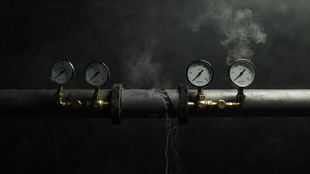 We Logged 312 RAG Outages. The Pattern Wasn't Retrieval. — illustration depicting A row of polished brass pressure gauges, all needles holding at perfect readings, while a hairline fracture in the pipe behind them silently weeps steam