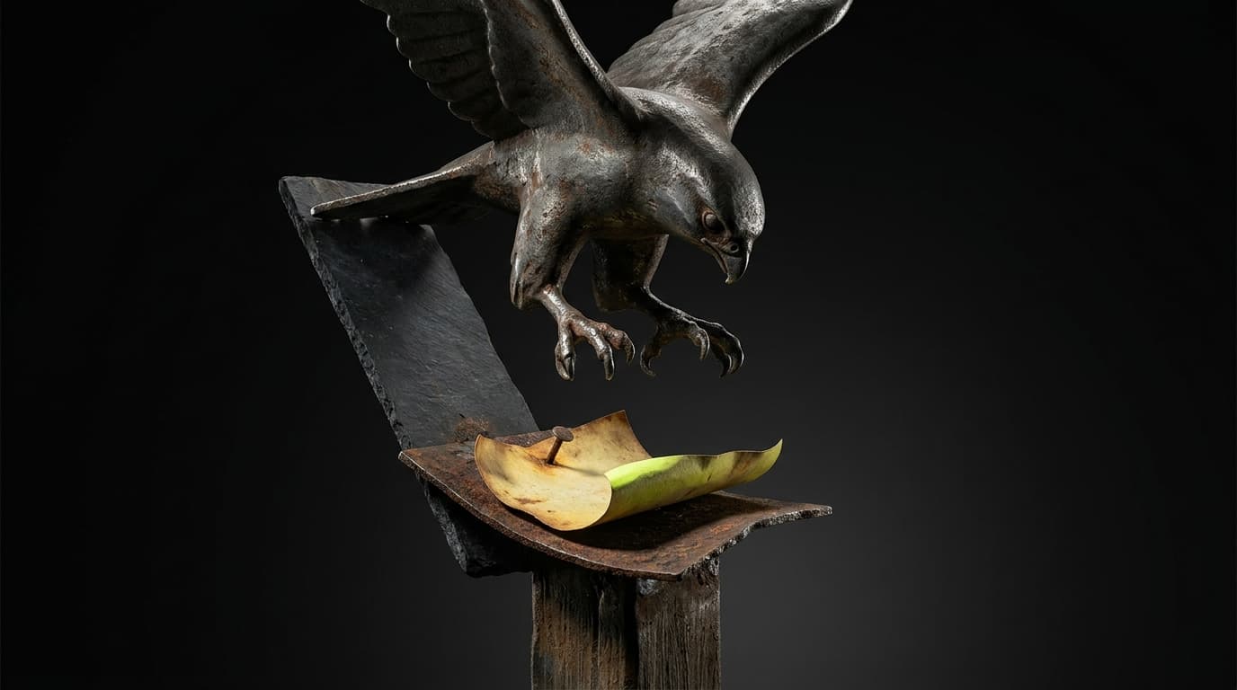 Attackers Move Laterally in 4 Minutes. Your SIEM Alerts in 4 Days. — illustration depicting A peregrine falcon frozen in mid-dive, talons forward, hovering inches from a curled, sun-yellowed paper alert pinned to a weathered wooden post