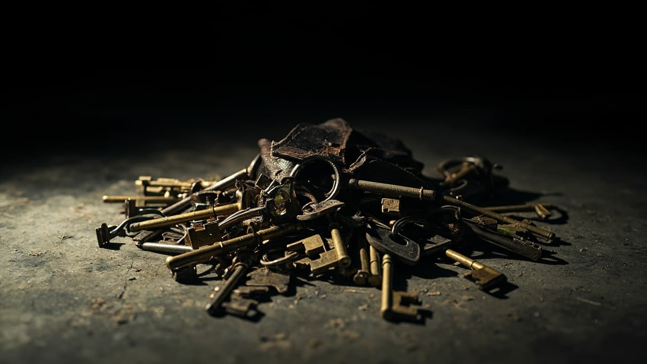45 Machine Identities for Every Engineer: Attackers Mapped Them First — illustration depicting Forty-five tarnished brass keys spill from a strained leather keyring across rough concrete, one bent and pried open