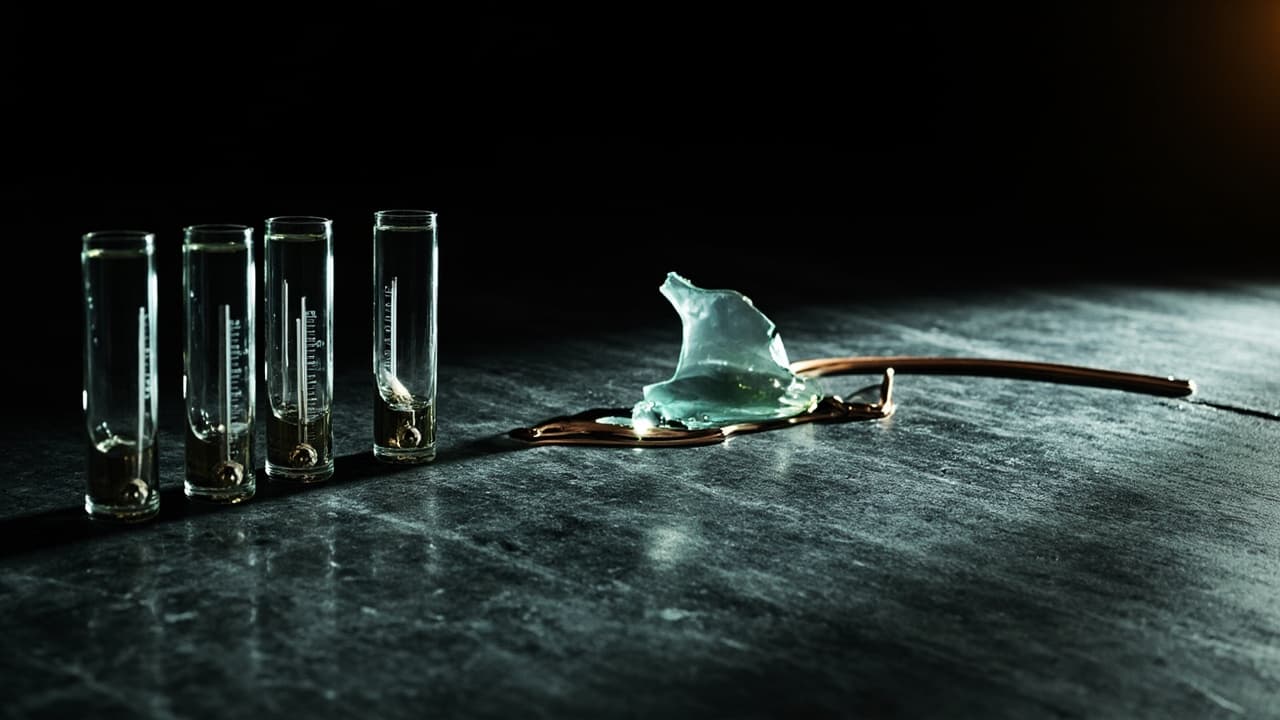 MLOps Catches Model Drift. Your AI Agents Have No Guardrails. — illustration depicting A row of intact glass thermometers beside a single shattered one, mercury pooling into a curving silver trail across dark slate