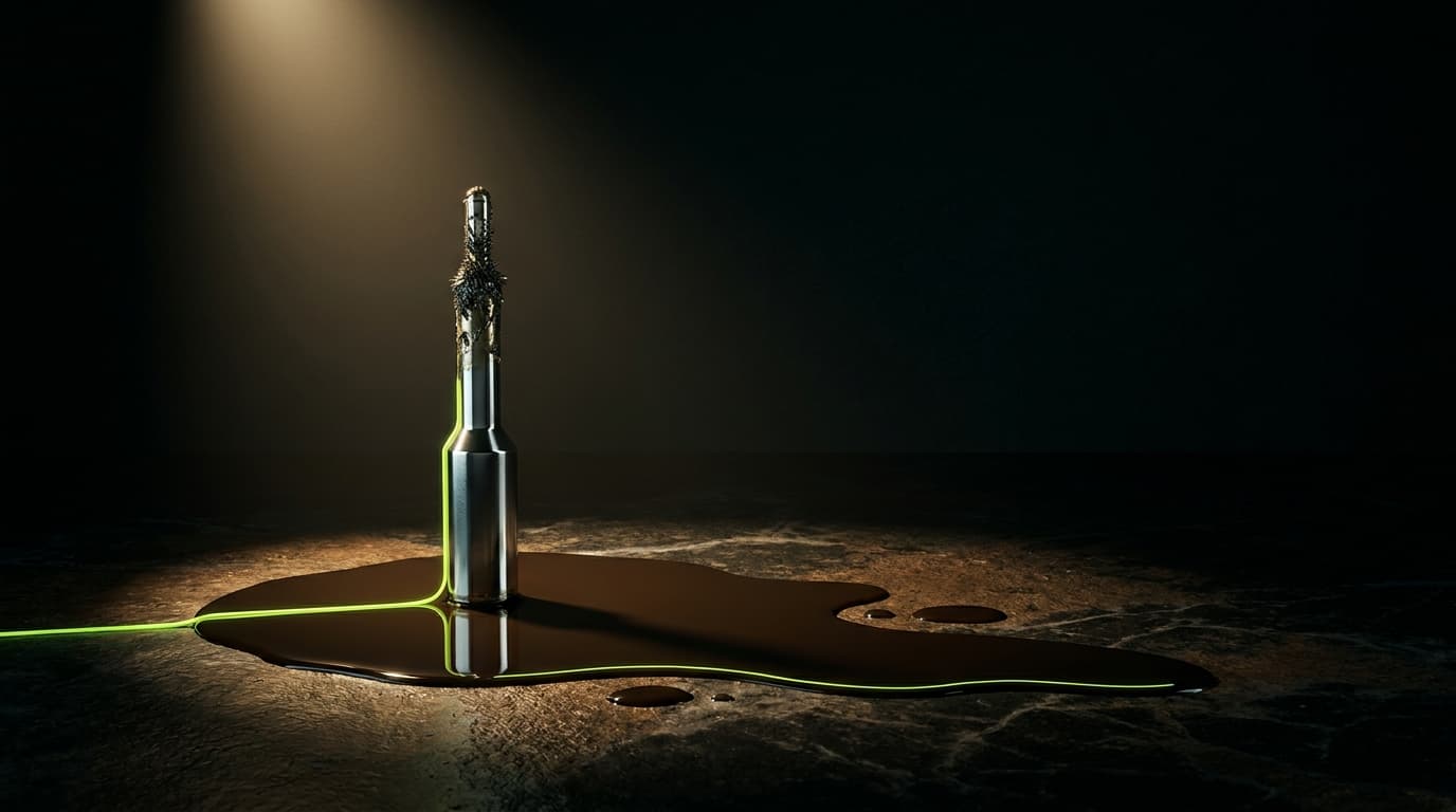 Your Plant's AI Won't Fail at Inference. It'll Fail at the Sensor. — illustration depicting A mirror-polished steel sensor probe standing upright in a spreading puddle of dark hydraulic oil, its delicate tip crusted with iron filings and gr