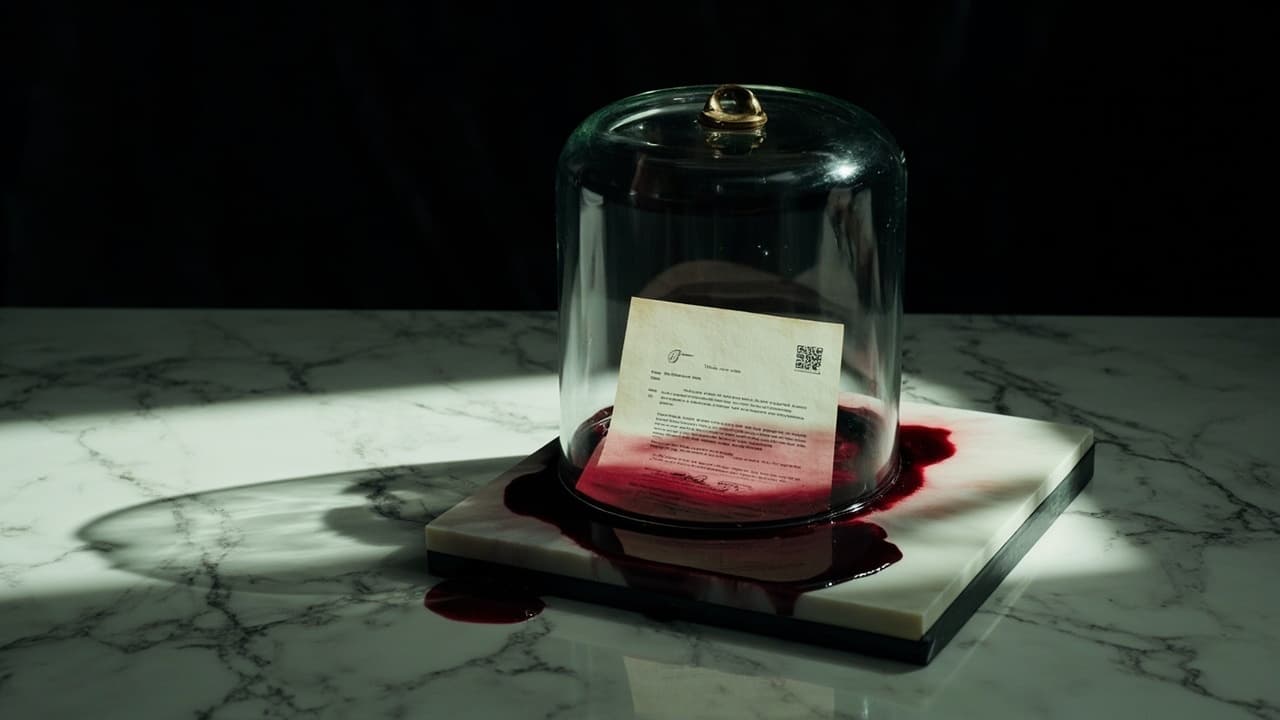 Your BAA Covers the Vendor. Not the Inference Layer. — illustration depicting A signed paper contract sealed beneath a glass cloche, the cloche ending abruptly where dark crimson liquid seeps unchecked across white marble