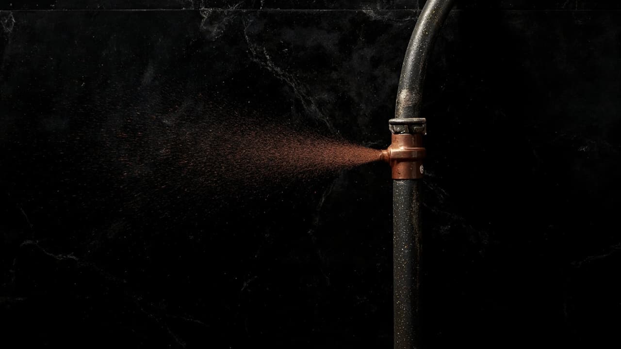 Cross-Platform Looks 40% Cheaper in Noida. The Year-Two Bill Says Otherwise — illustration depicting A newly soldered copper pipe with a single pinhole leak spraying fine mist that blooms into rust stains across the fresh plaster wall behin