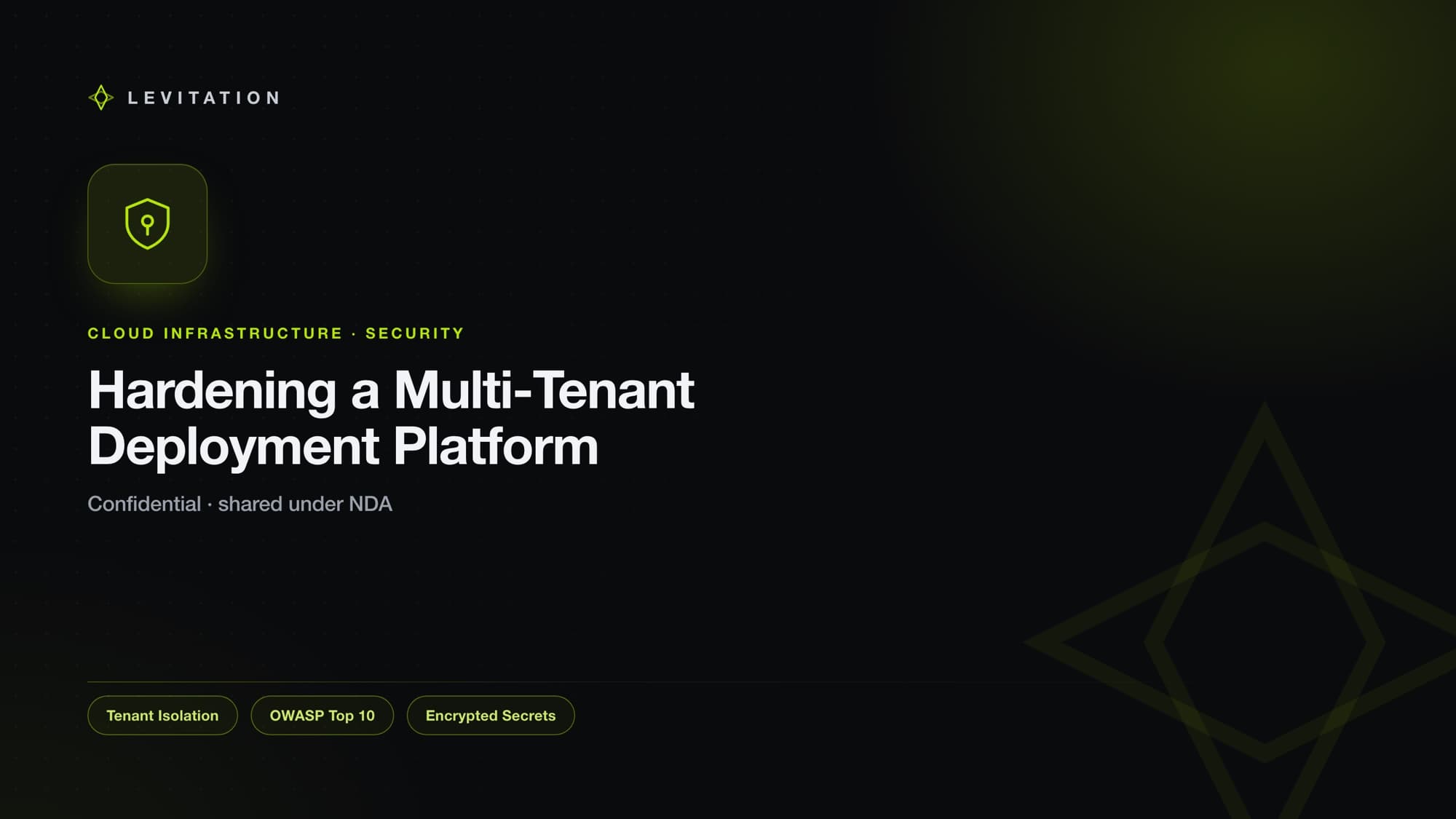 Security-first hardening of a multi-tenant deployment platform by Levitation, shared under NDA