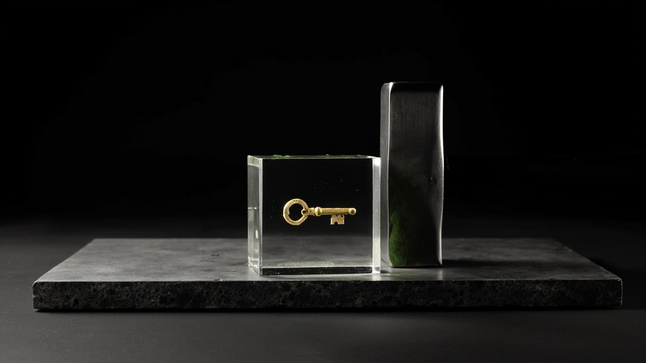 Your ₹5 Lakh Custom CRM Is Vendor-Locked. Exiting Costs ₹14 Lakh — illustration depicting A tiny brass key suspended in the center of a thick clear resin block, with a heavy steel sledgehammer leaning against it on rough concrete