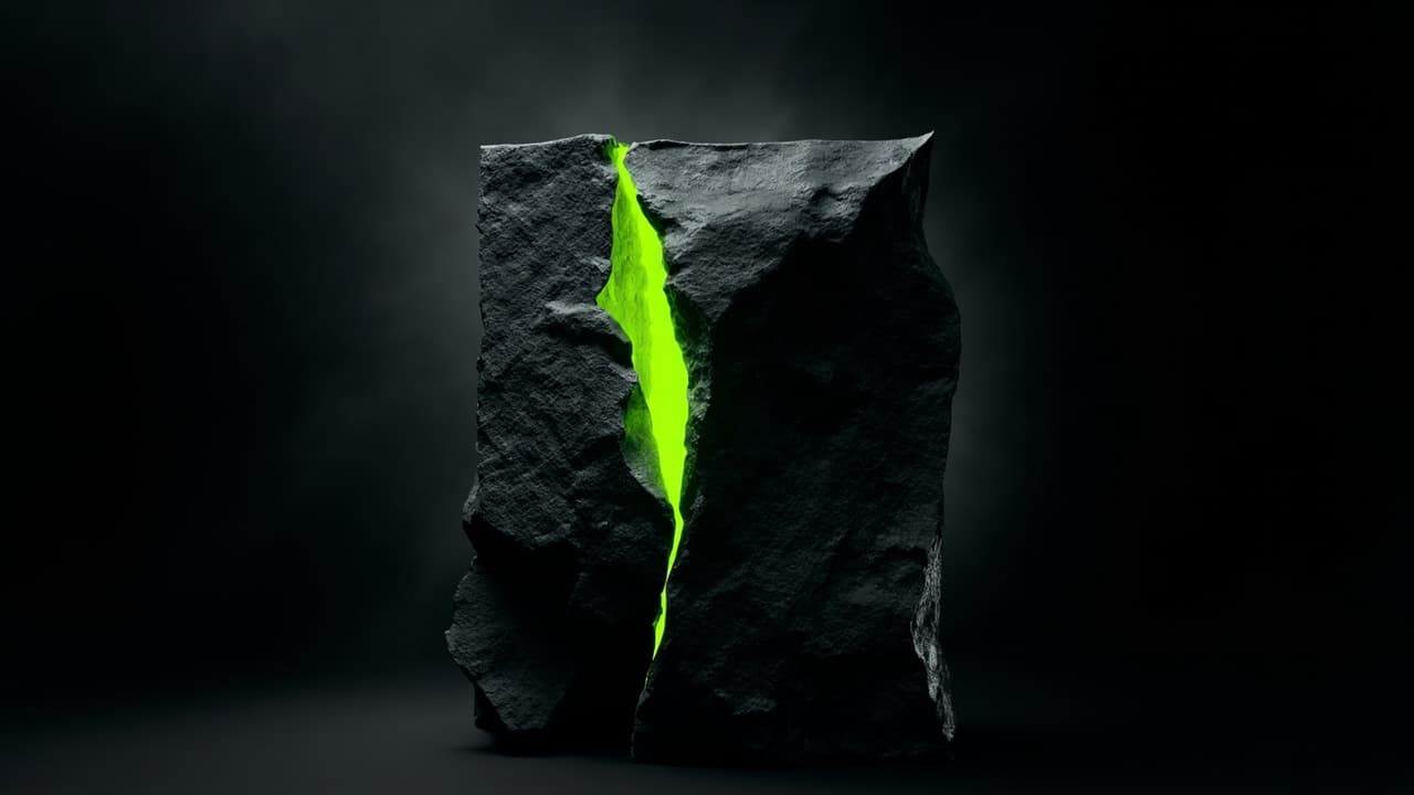 We Measured 240 Engineering Teams Post-AI. Three of Four DORA Metrics Declined. — illustration depicting an abstract relief of dark stone with one luminous lime-green fault line running across it