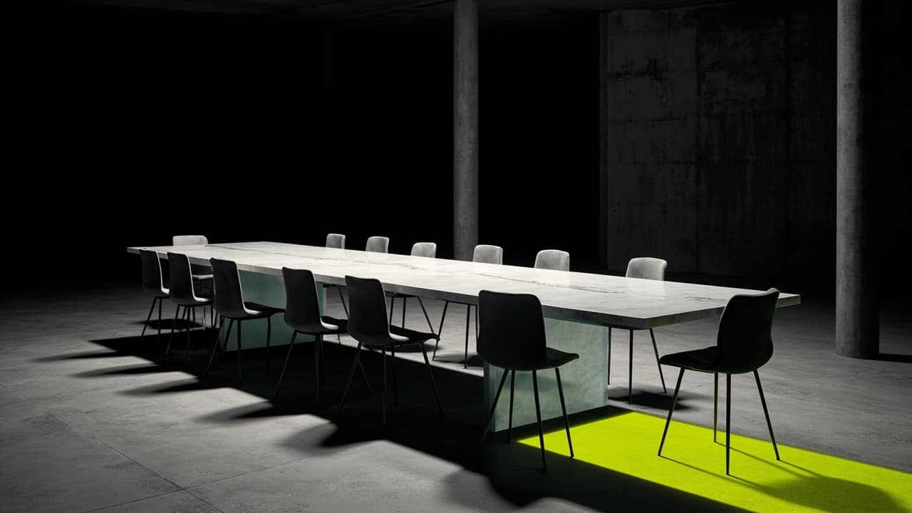 etcd Is the Single Point of Failure Your Multi-Cluster Setup Ignores — illustration depicting Ten evenly spaced empty chairs around a long marble conference table balanced on a single hairline-cracked glass trestle leg