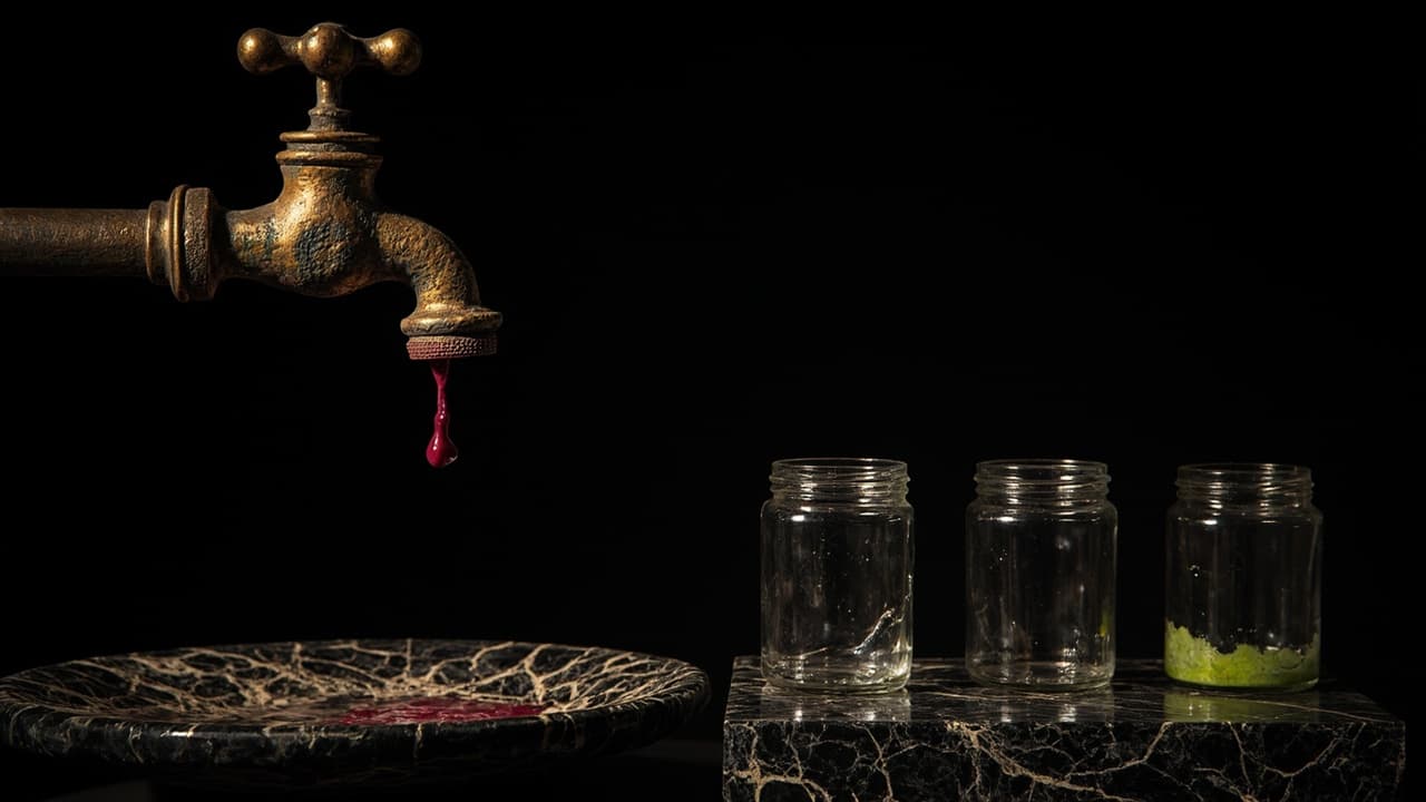 Event-Driven AI Is Real-Time. Your Auditors Read It in Batches. — illustration depicting A corroded brass spigot dripping crimson into a cracked stone basin, with a row of dated glass jars beside it, every one empty