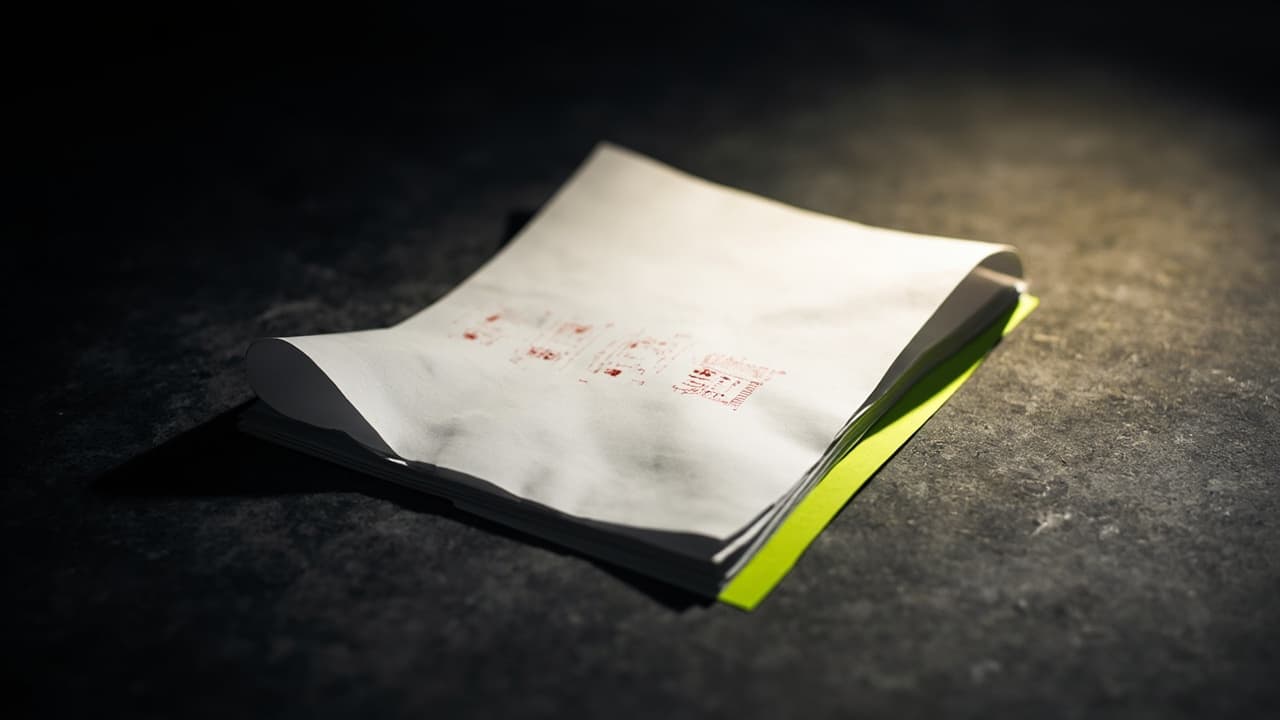 Five Lines That Double Your India Software Quote — illustration depicting A simple white invoice curling at the edges on dark slate, five fresh red ink lines bleeding through to double its visible weight