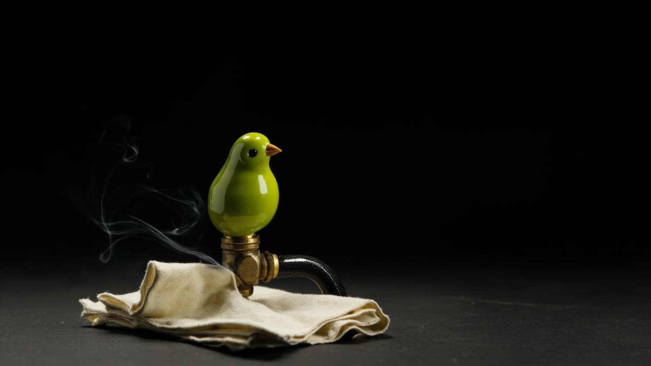 A Green Canary Dashboard Is Not a Safe Deploy — illustration depicting A flawlessly glazed safety-green ceramic canary perched on a brass pipe fitting, with thin black smoke seeping from the joint beneath it onto folded cream linen