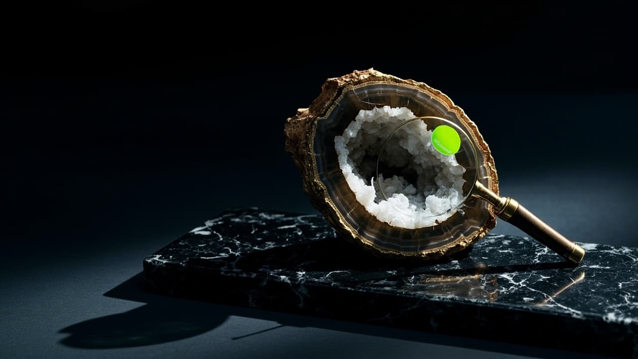 Your Image Scanner Whitelists the Backdoor in Your Base Layer — illustration depicting A split geode bearing a hairline fracture in its base rock and a green inspection sticker on the shell, examined through a jeweler's loupe