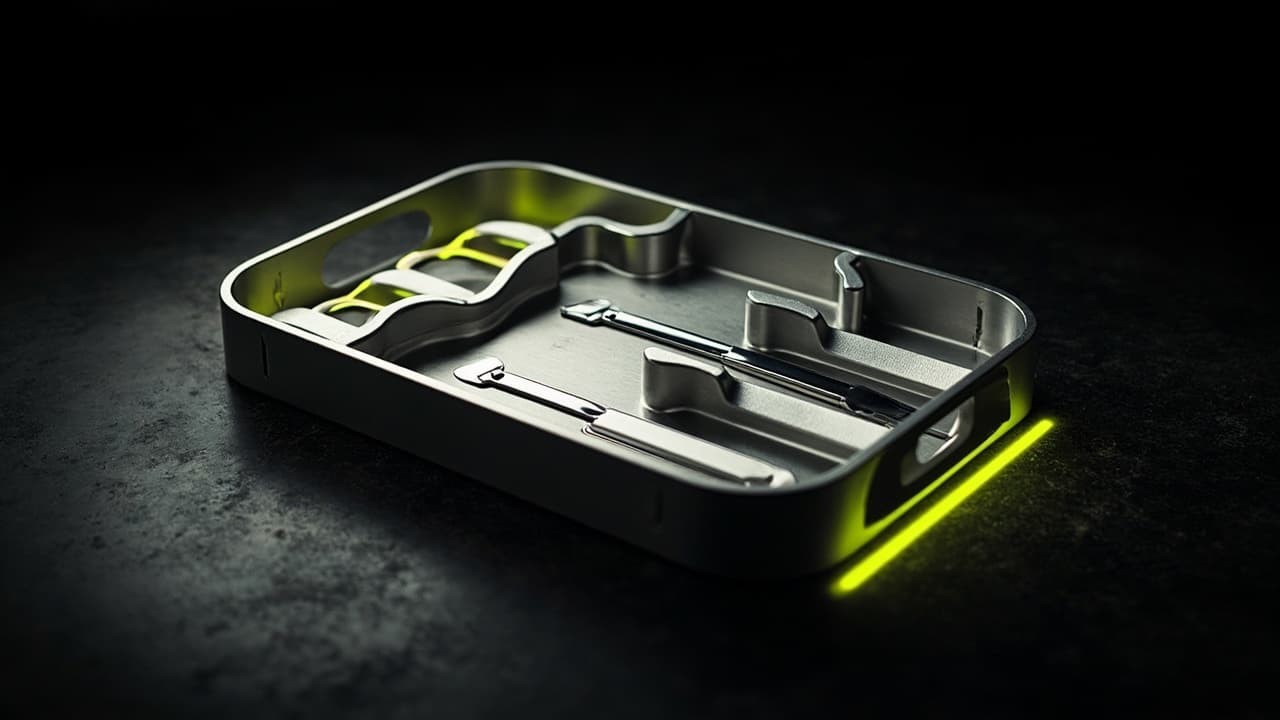 Your Model Registry Passes Tests. It Will Still Fail Audit. — illustration depicting A pristine stainless surgical tray under harsh operating-room lights, every molded depression filled with gleaming instruments except one empty slot where