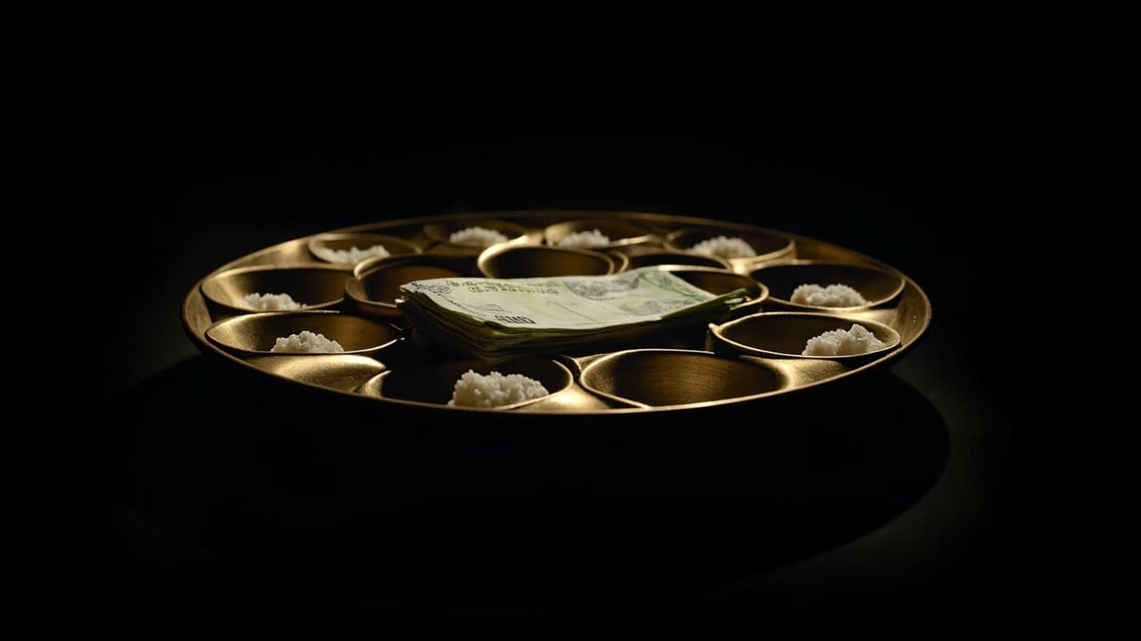 Your ₹6 Lakh Noida SaaS Quote Covers 3 of 12 Features — illustration depicting A brass thali partitioned into twelve compartments, only three filled with small mounds of rice, the remaining nine polished and bare beneath a folded rupee note