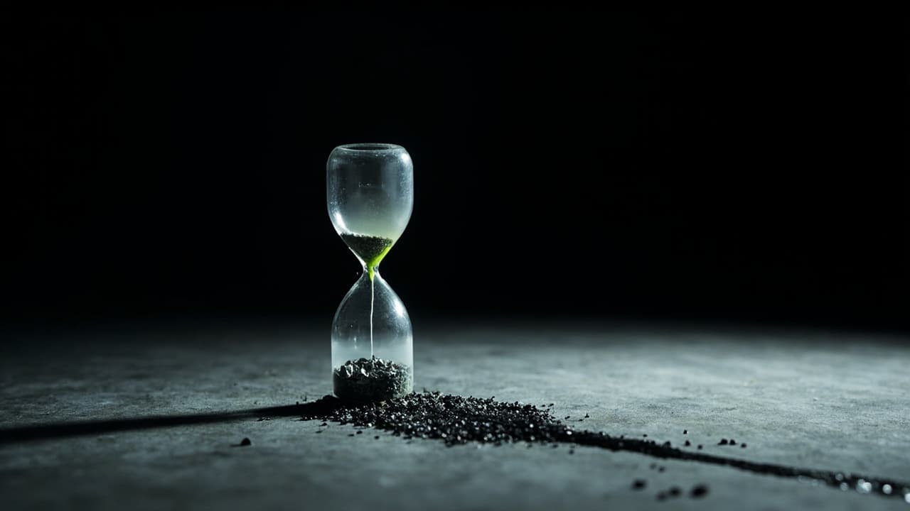 Task-Aware AI Compression Can Break the Audit Trail — illustration depicting A frosted glass hourglass packed with compressed metal shavings leaks a thin black audit-trail stain through its brass base