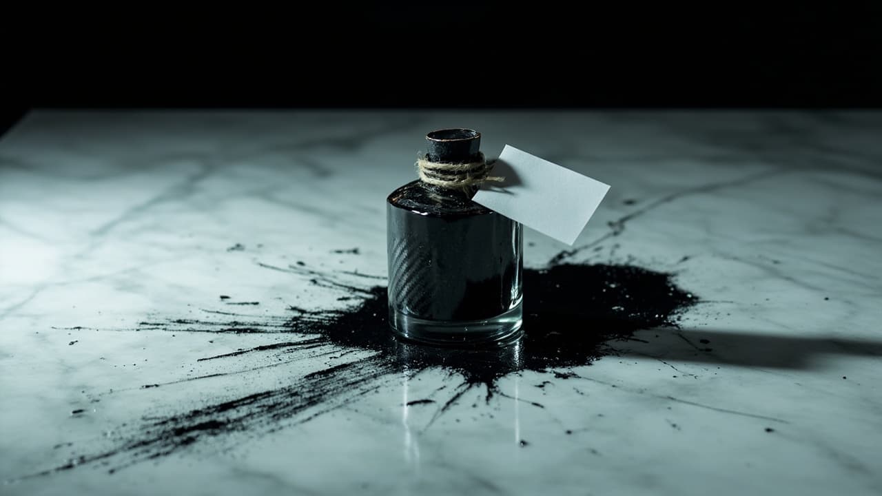 The ERP Quote Lie: Your Real Cost in India — illustration depicting A sealed glass ink bottle cracks on white marble, black liquid bleeding far past the modest paper price tag tied at its neck