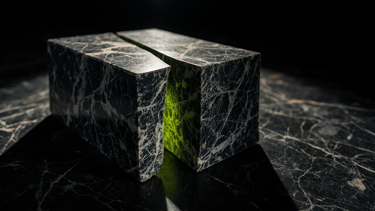 UPI Sharding Can Break Reconciliation — illustration depicting A marble monolith fractured into offset vertical shards, its continuous mineral strata visibly failing to align across the seams