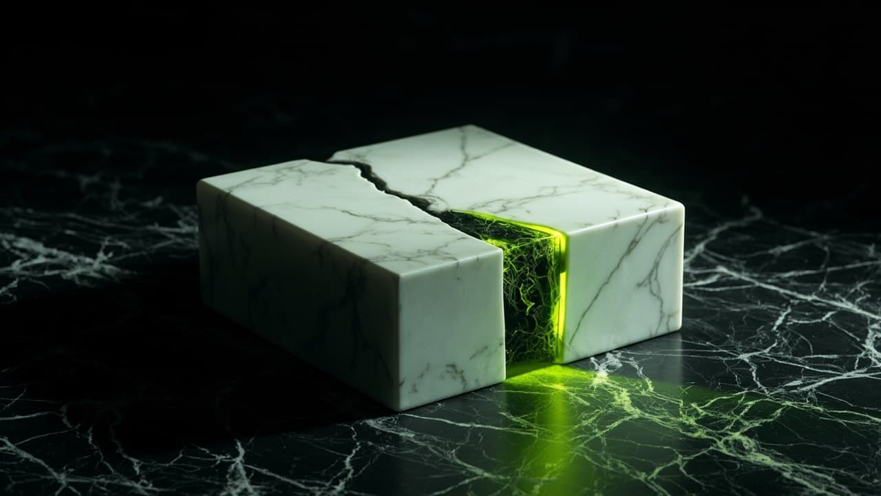 Vibe Coding Built a Compliance Debt Your Auditor Will Find — illustration depicting A polished white marble block with a single hairline crack, backlit to reveal a network of dark, tangled veins running through the stone
