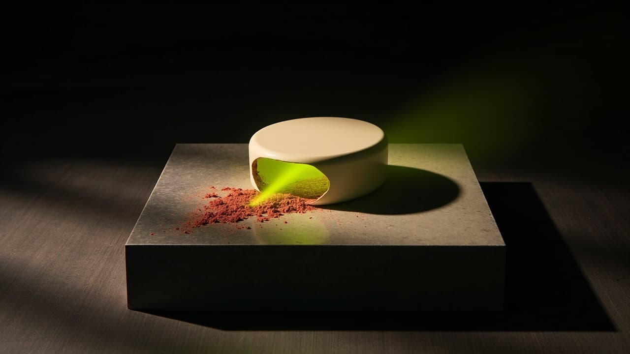Indian AI Vendors Can Demo. Ask What Actually Failed — illustration depicting A lacquered ivory prototype poised on a plinth, its hidden crimson clay core split by a widening fracture and spilling dust onto the black floor