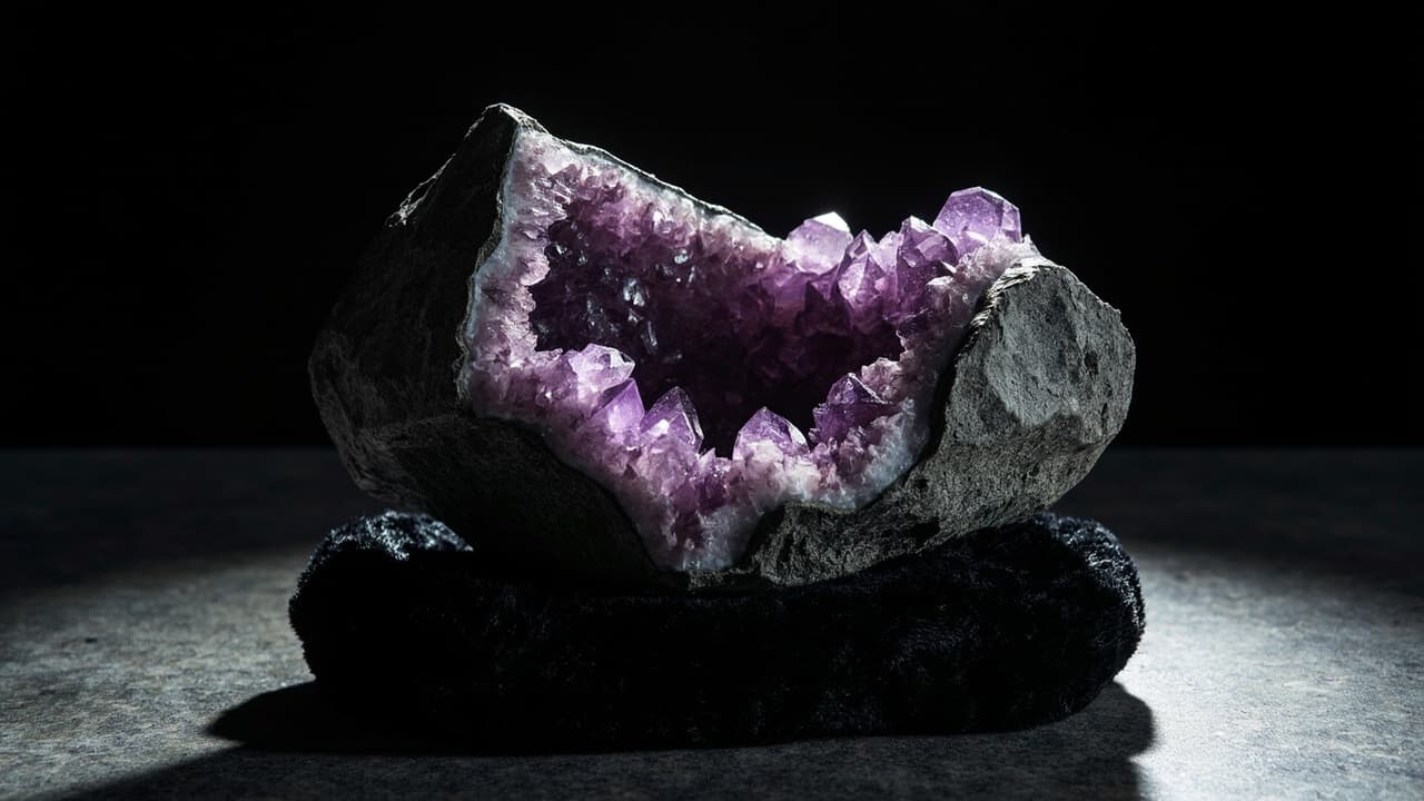 Why Founders Pay ₹35 Lakh for a ₹12 Lakh App — illustration depicting A rough grey boulder split cleanly down the middle, its hollow interior lined with glittering amethyst crystals resting on black velvet